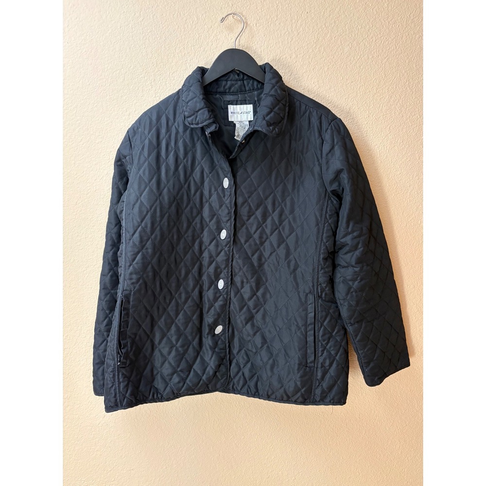 Vintage White Stag Black Quilted Jacket Women Large Button Front Diamond Stitch